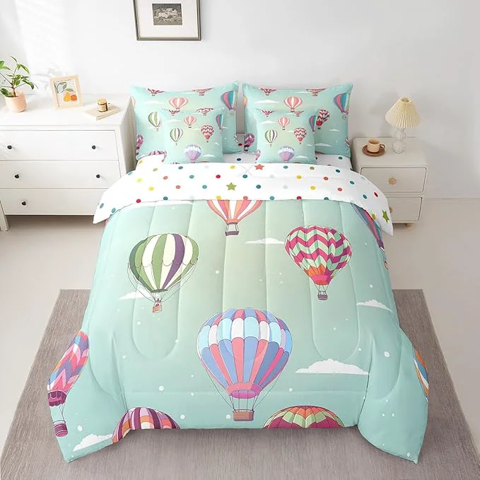 Sustainable Watercolor Hot Air Balloon Bed in a Bag Comforter Set Hand Drawn Clouds King Size 7 Pieces for Kids Teens White Polka Dot Bedding Set with Comforter Sheet Set Pillowcases Pillow Covers Soft