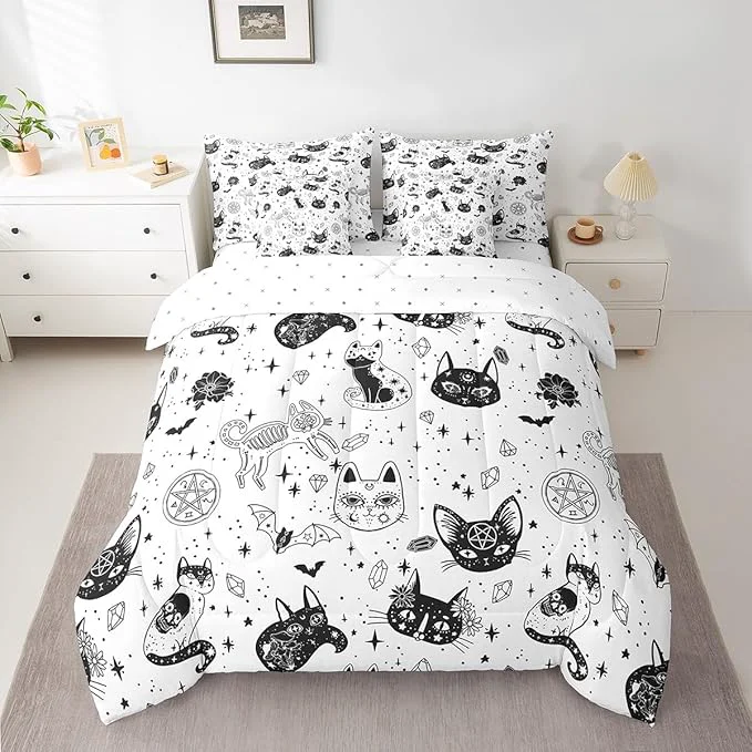 Sophisticated Cat Skeleton Bedding Set Black White Wildlifes King Comforter Set with Sheets for Kids Boys Girls Teens Room Decor Mysterious Constellation Bed in a Bag 7 Piece for Bedroom Living Room Easy-to-Use