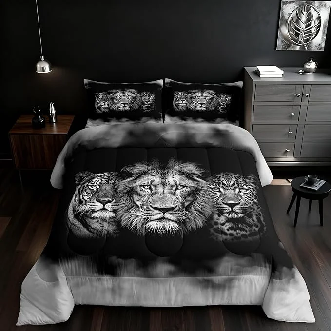 Verified Wild Animals Comforter Set Queen Size Tiger Lion Leopard 3D Bedding Set 3pcs for Kids Boys Men Home Room Decor Black White Smog Quilt Set Modern Microfiber Duvet Insert with 2 Pillowcases Casual