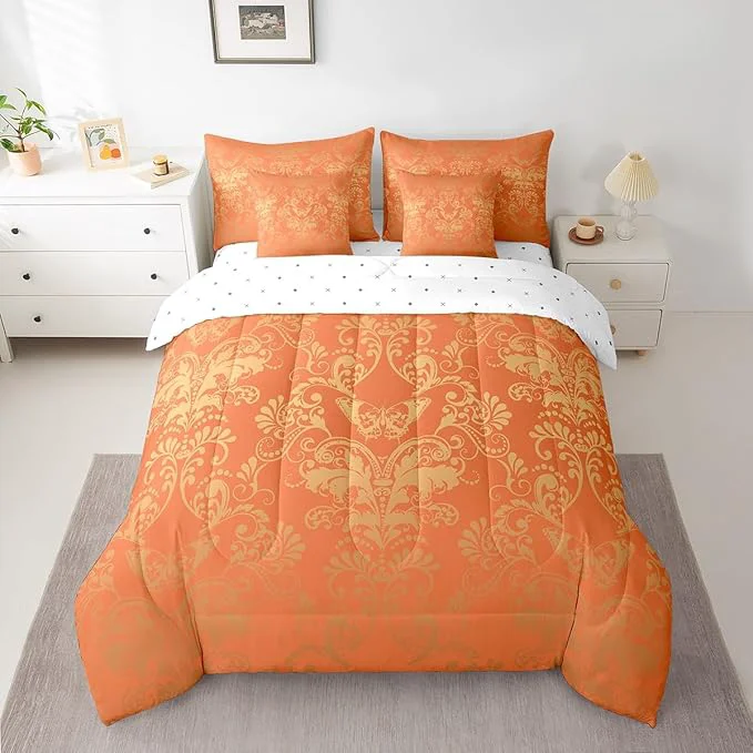 Elegant Erosebridal Gothic Damask Bed in a Bag King Size Comforter Set 7 Pieces Butterfly Skull Bedding Sets Orange and Yellow Victorian Floral Goth Sheet Set with Comforter Innovative