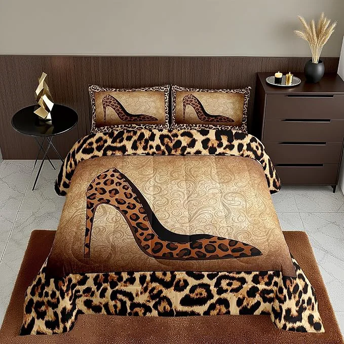 First-Class Leopard High Heels Bedding Set Full Size Romantic Mandala Floral Comforter Set 3pcs for Kids Girls Women Adult Room Decor Wild Animals Skin Quilt Set Fashion Brown Duvet Insert 2 Pillowcases Advanced