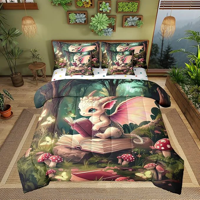 Premium Material al Dragon Wildlife Comforter Set Childlike Fairy Tale 7 Piece Bed Set Twin Size for Kids Cute Jungle Mushroom Bed in a Bag Bedding Set with Comforter Sheet Set Pillowcases Pillow Covers Elite