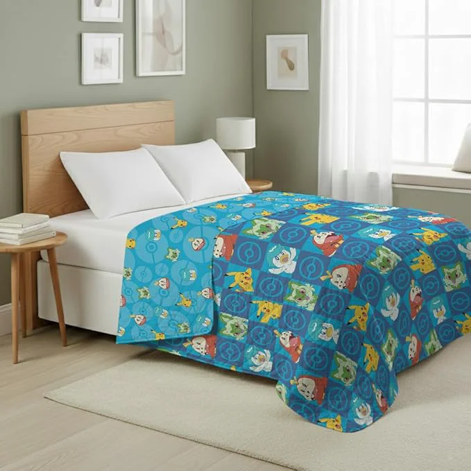 Healthy Pokemon Power Squares Full Queen Quilted Throw Blanket Adults Boys Girls Soft Lightweight Bedding for Bed or Couch 90 x 90 inches Official