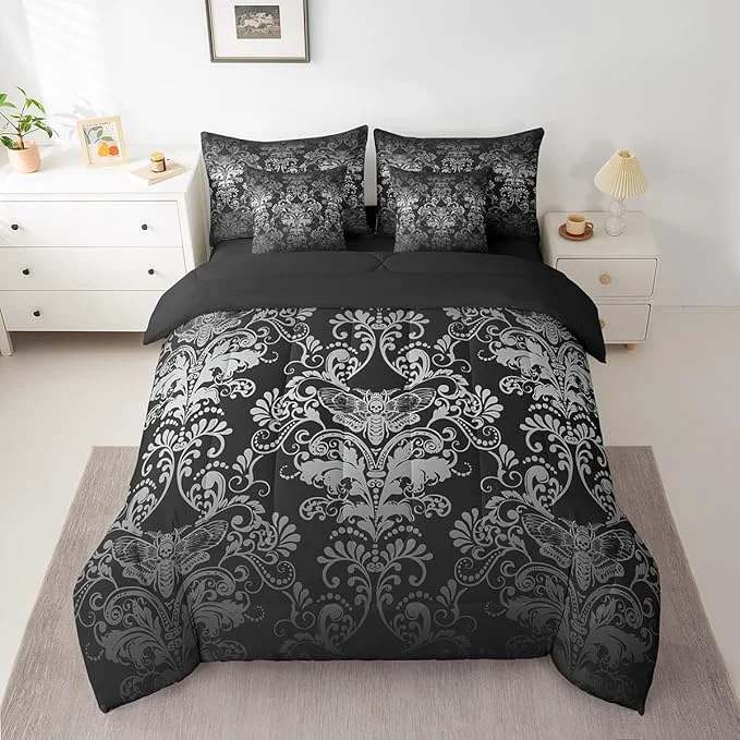 Sustainable Erosebridal Gothic Damask Bed in a Bag Queen Comforter Set 7 Piece Exotic Moth Bedding Sets White Black Victorian Floral Goth Sheet Set with Comforter Enhanced