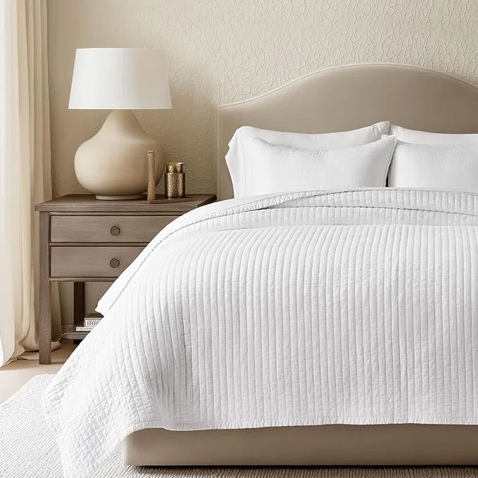 Healthy EVERGRACEHOME Cotton Sateen Quilt Set Queen Size Pre-Washed Cotton Channel Stitch Coverlet Bedspread 3 Pieces Lightweight Soft Bedding Sets for All Season with 2 Pillow Shams Bright White Casual