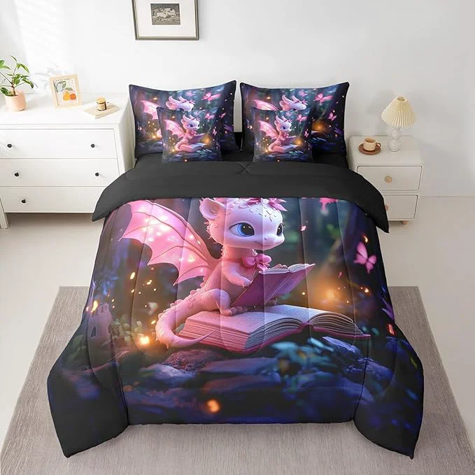 Functional Castle Fairy 3D Western Dragon Comforter Set for Room Decor al Jungle Animal Bedding Set King Size 7 Pcs Sparkling Pink Butterfly Bed in a Bag with Comforter Sheets Pillowcases amp Cushion Cover Minimalist