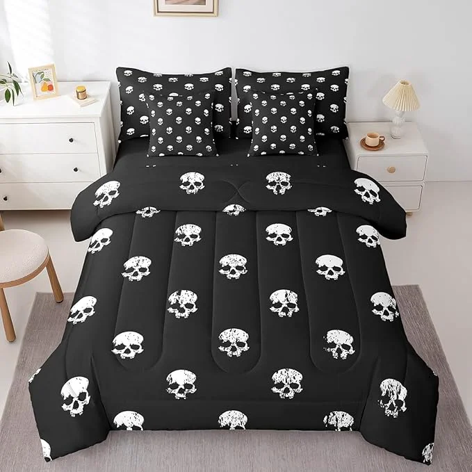Unique Skull Decor Bedding Sets Queen Size Gothic Horror Halloween Decorative Comforter Set for Kids Teens Adults All Season Comforter Flat Sheet Fitted Sheet 2 Pillowcases 2 Pillow Covers 7 Pcs Original Design