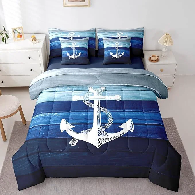 Selected Castle Fairy Sailing Anchor Bedding Sets with Sheets Comforter Pillowcases Pillow Covers 7 Pcs Nautical Theme Simple Decorative Comforter Set for Kids Teens Adults Bedroom Dorm Bed Set King Size Outstanding