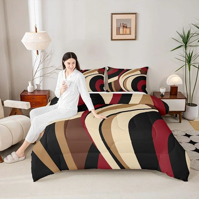 Easy-to-Use Black Red Brown Comforter Set Twin Size Vintage Abstract Stripes Bedding Set for Kids Girls Women Adult Bedroom Decor Geometric Circle Waves Quilt Set Soft Polyester Duvet Insert 2pcs