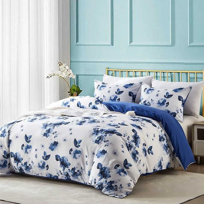 Specialty Cupocupa Queen Duvet Cover Set – 3pc Blue Floral Art Deco Bedding – Soft Botanical Print Polyester Duvet Cover with 2 Pillowcases – All Season Reversible Comforter Cover Queen Blue Floral World-Class