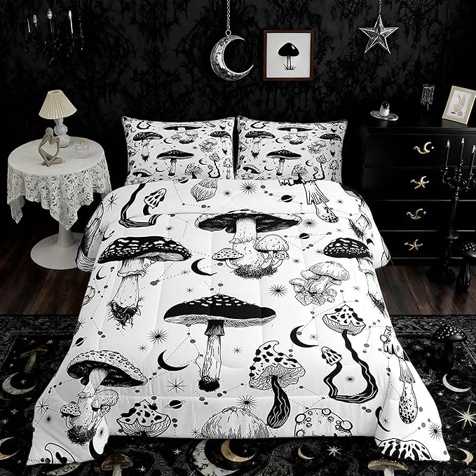 Exclusive Castle Fairy Wild Mushroom Comforter Set Full Size Abstract Sun Moon Starry Bedding Set Gothic Plants Quilt Set for Kids Boys Teens Room Decor Black White Sketch Style Duvet Insert with 2 Pillowcases Clean