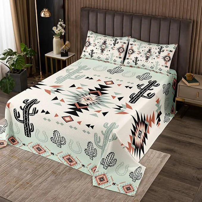 Original Manfei Geometric Aztec Kid Bedspread King Size Horseshoe Cactus Western Cowboy Coverlet Set Boys Girls Room Decor Southwest Rustic Lodge Quilted Coverlet Farmhouse Vintage Bedding Quilt 2 Pillowcases Modern