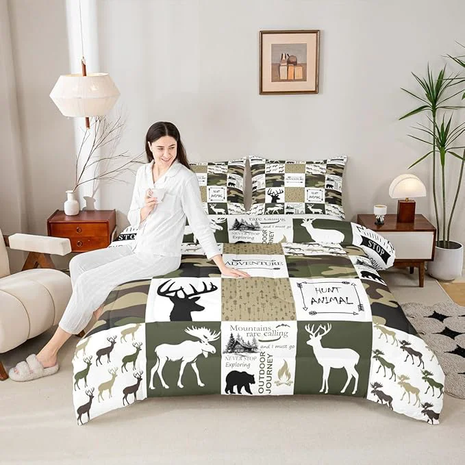 Smart Grid Comforter Set King Size for Kids Teens Boys Room Decor Camo Deer Antler Arrows Bedding Set Outdoor Adventure Quilt Set Bear Elk Animal Duvet Insert with 2 Pillowcases Army Green White Convenient