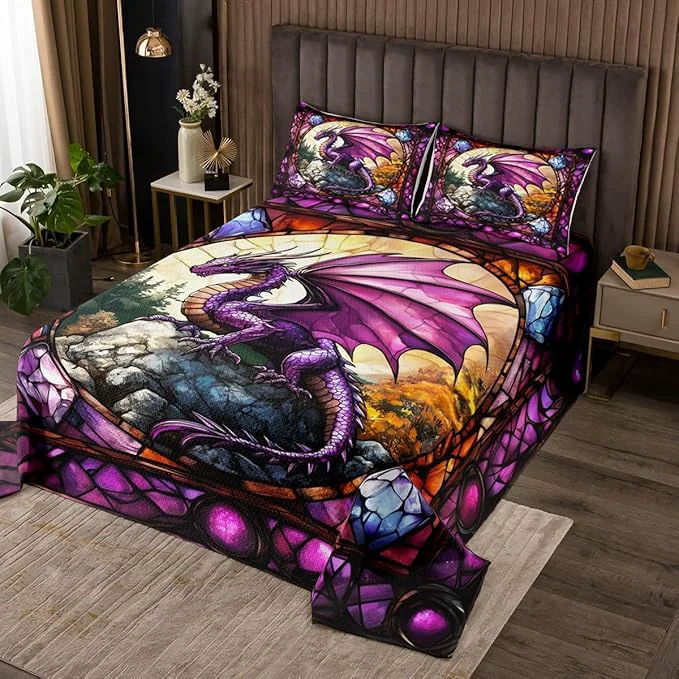 Elite Manfei Western Dragon Kids Bedspread King Size Purple Dragon Pine Trees Natural Coverlet Set Boys Girls Room Decor Glass Painting Geometric Quilted Coverlet Unique Fashion Bedding Quilt 2 Pillowcases Trusted
