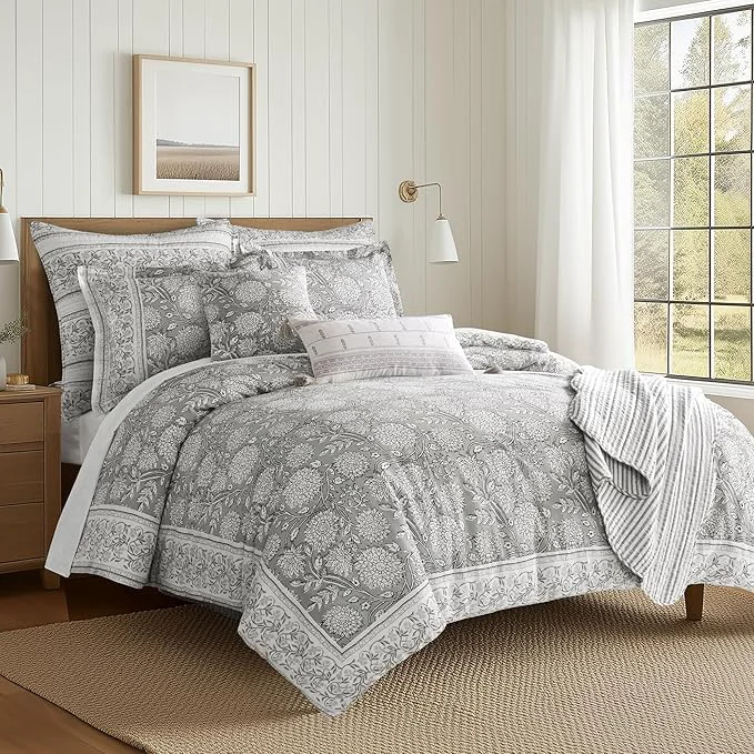 Enhanced Levtex Home Adare Grey Reversible Twin Twin XL Comforter Set 68x88in with 1 Pillowcase 26x20in – Floral Bedding – Grey and White – Cotton Twin Size Comforter Set – Soft Pre-Washed Trusted