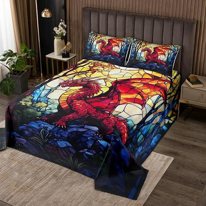 Effective Western Dragon Kids Bedspread King Size Pine Tree Artwork Life Glass Dragon Coverlet Set Boys Girls Room Decor Geometric Patchwork Abstract Quilted Coverlet Red Retro Bedding Quilt 2 Pillowcases Eco-Friendly