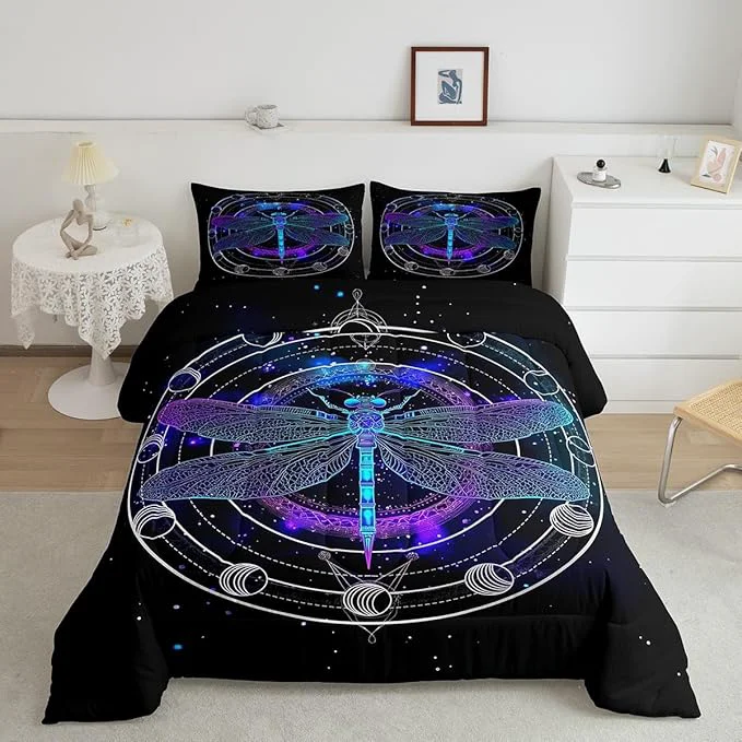Efficient Death Dragonfly Comforter Set Queen Gothic Sun Moon Bedding Set for Kids Teens Boys Girls Room Decor Galaxy Universe Duvet Insert Trippy Geometric Quilted Duvet Set with 2 Pillowcases Black Purple Reusable