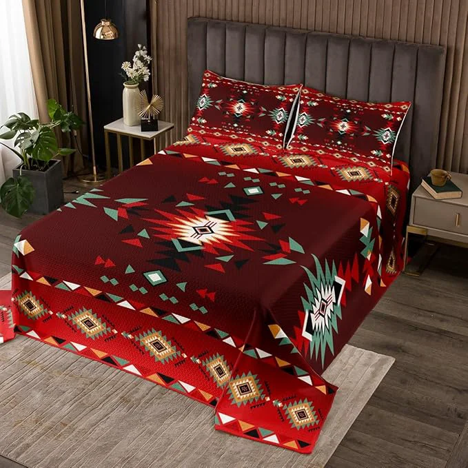 Refined Manfei Geometric Aztec Kids Bedspread Queen Size Western Cowboy Arrow Rustic Farmhouse Coverlet Set Boys Girls Room Decor Southwest Boho Tribal Quilted Coverlet Red Black Bedding Quilt 2 Pillowcases Organic