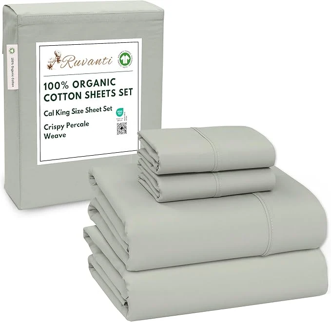 Clean RUVANTI Organic Cotton Sheets California King Percale Weave GOTS 4-Piece Set Deep Pocket 13 quot Crisp amp Breathable Soft Durable Bedding Sábanas Algodón Orgánico – Mineral Gray Trusted