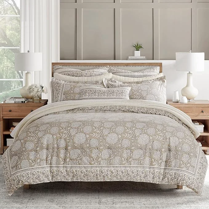 Flexible Levtex Home Adare Taupe Reversible King Duvet Cover Set 106x94in with 2 Pillowcases 36x20in – Floral Bedding – Taupe and White – Cotton King Size Duvet Cover Set – Soft Pre-Washed Specialty