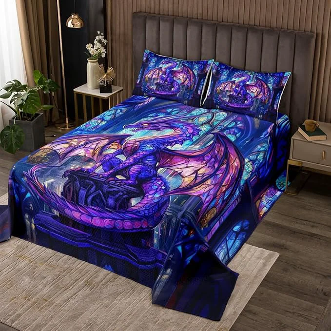 Soft Western Dragon Kids Bedspread Twin Size Flying Wing Purple Dragon Coverlet Set Boys Girls Room Decor Castle Tale Trippy Animal Geometric Quilted Coverlet Blue Christmas Bedding Quilt 1 Pillowcase High-End