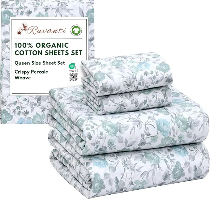 Elite RUVANTI Organic Cotton Sheets Queen Size Percale Weave GOTS 4-Piece Set Deep Pocket 15 quot Crisp amp Breathable Soft Durable Bedding Sábanas Algodón Orgánico – Cold Chrysanthemum Eco-Friendly