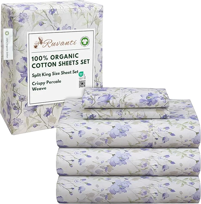 Dependable RUVANTI Organic Cotton Sheets Split King Percale Weave GOTS 5-Piece Set Deep Pocket 15 quot Crisp amp Breathable Soft Durable Bedding Sábanas Algodón Orgánico – Heather Refined
