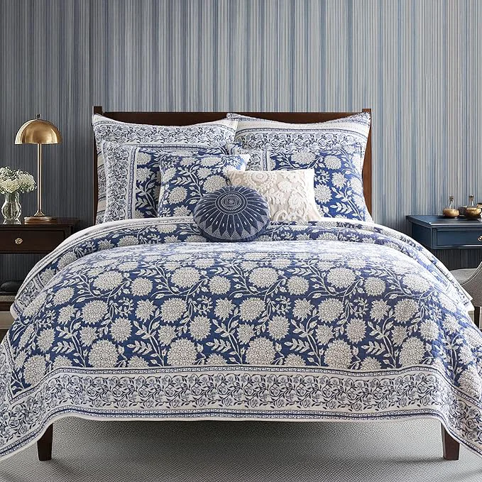 World-Class Levtex Home Adare Denim Reversible King Cal King Quilt Set 106x92in with 2 Pillow Shams 36x20in – Floral Bedding – Blue White – Cotton King Size Quilt Bedding Set – Lightweight Soft Pre-Washed Contemporary