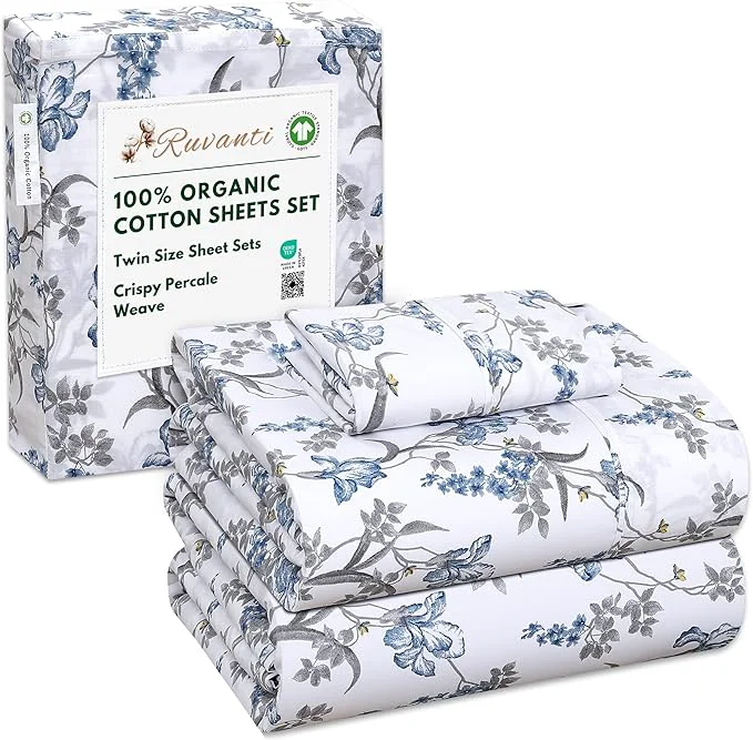 Safe RUVANTI Organic Cotton Sheets Twin Size Percale Weave GOTS 3-Piece Set Deep Pocket 15 quot Crisp amp Breathable Soft Durable Bedding Sábanas Algodón Orgánico – Deluxe Elite