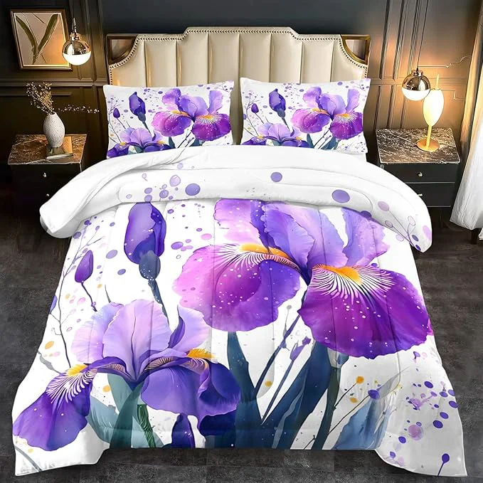 Healthy Purple Floral Comforter Set King Size Woman Purple Iris Comforter for Girls Pink Flower Bedding Set King Bedroom Decor Floral Bedding Quilt Bed Decor Pink for Kids and Adults Official