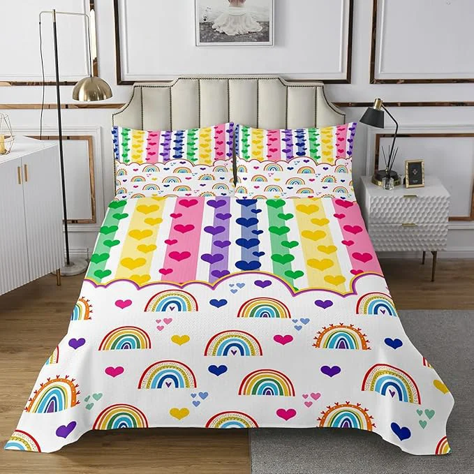 Durable Manfei Cute Rainbow Kids Bedspread King Size Watercolor Love Heart Dreamy Coverlet Set Girls Women Room Decor Colorful Geometric Stripes Patchwork Quilted Coverlet Chic Bedding Quilt 2 Pillowcases Green