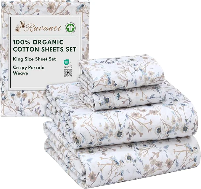 Proven RUVANTI Organic Cotton Sheets King Size Percale Weave GOTS 4-Piece Set Deep Pocket 15 quot Crisp amp Breathable Soft Durable Bedding Sábanas Algodón Orgánico – Tranquil Minimalist