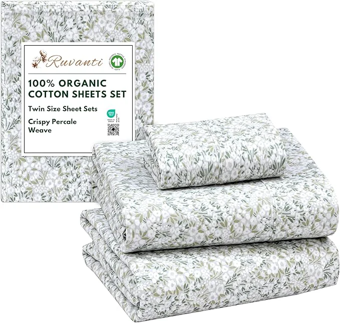 Advanced RUVANTI Organic Cotton Sheets Twin Size Percale Weave GOTS 3-Piece Set Deep Pocket 15 quot Crisp amp Breathable Soft Durable Bedding Sábanas Algodón Orgánico – Floral Rush Crafted
