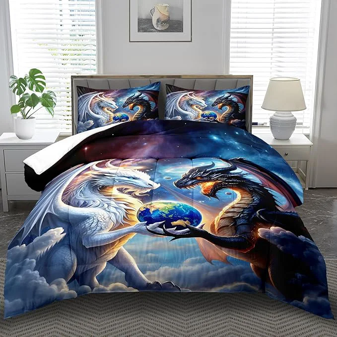Luxury Black White Dragon Comforter Set Twin Boys Flame Ancient Mysterious Creatures Fantasy Dragon Bedding Set Boys Girls White and Black Comforter Twin Size Animals Quilt Room Decor Proven