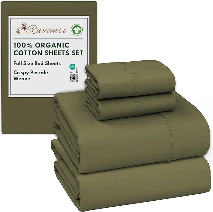 Authentic RUVANTI Organic Cotton Sheets Full Size Percale Weave GOTS 4-Piece Set Deep Pocket 15 quot Crisp amp Breathable Soft Durable Bedding Sábanas Algodón Orgánico – Olive Prestigious