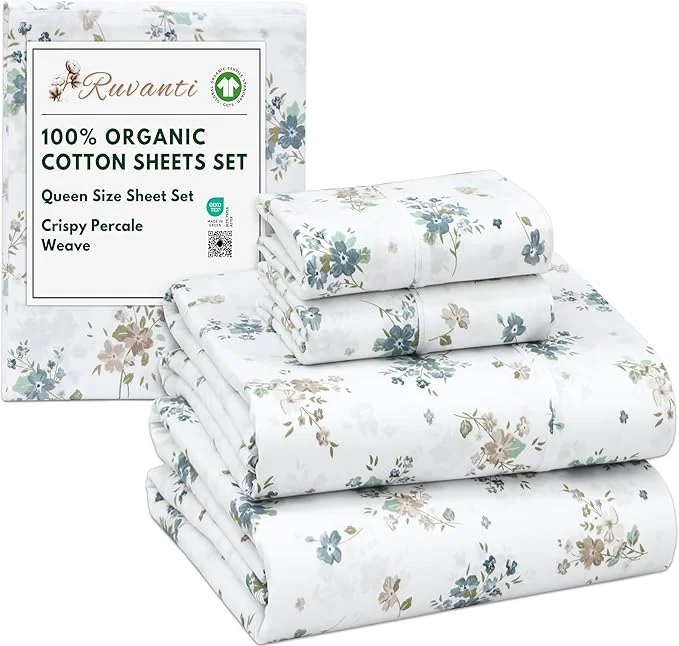 Recyclable RUVANTI Organic Cotton Sheets Queen Size Percale Weave GOTS 4-Piece Set Deep Pocket 15 quot Crisp amp Breathable Soft Durable Bedding Sábanas Algodón Orgánico – Halcyon Flexible