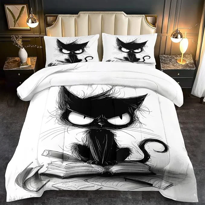 Sustainable Cute Black Cat Comforter Set Twin Size Cute Pet Bedding Set Boys Girls White and Black Comforter Cartoon Cat Quilt Animal Bedroom Decor Kawaii Animal Print Bedding Boys Kids Versatile