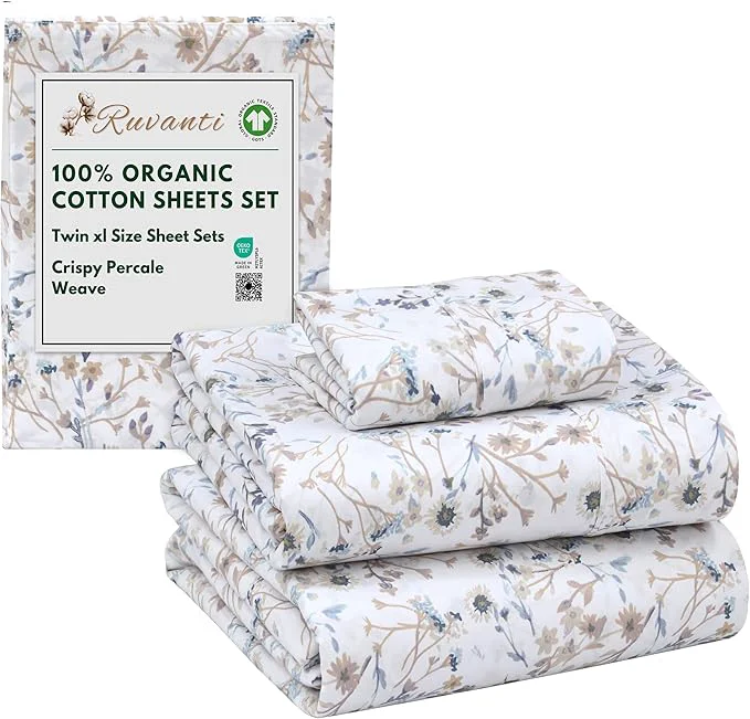 Top-Quality RUVANTI Organic Cotton Sheets Twin XL Percale Weave GOTS 3-Piece Set Deep Pocket 15 quot Crisp amp Breathable Soft Durable Bedding Sábanas Algodón Orgánico – Tranquil Enhanced