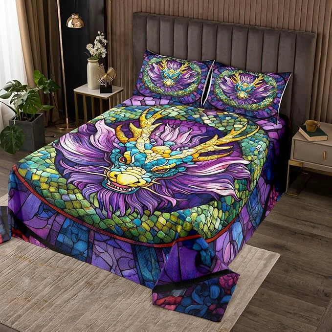 Top-Quality Chinese Dragon Kids Bedspread Queen Size Dragon Scale Western Animals Coverlet Set Boys Girls Room Decor Geometric Patchwork Abstract Quilted Coverlet Blue Purple Gothic Bedding Quilt 2 Pillowcases Exceptional