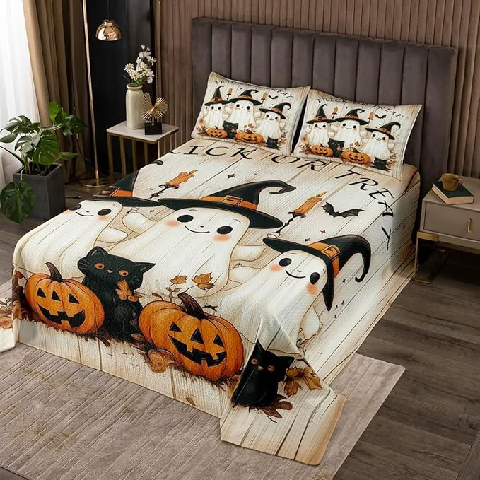 Fashionable Cartoon Ghost Kids Bedspread Twin Size Pumpkin Black Cat Happy Halloween Coverlet Set Boys Girls Room Decor Maple Wooden Plank Rustic Farmhouse Quilted Coverlet Retro Bedding Quilt 1 Pillowcase Detailed