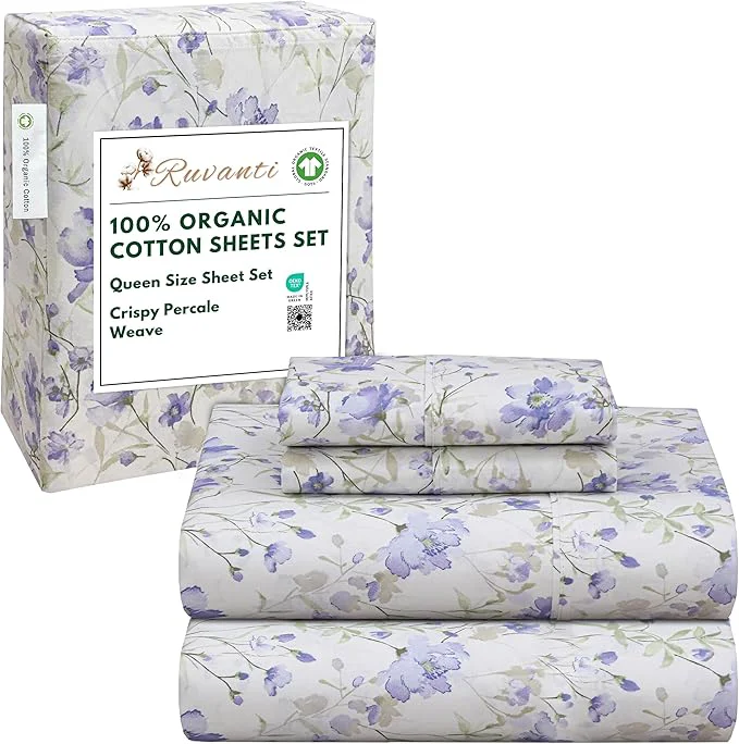 User-Friendly RUVANTI Organic Cotton Sheets Queen Size Percale Weave GOTS 4-Piece Set Deep Pocket 15 quot Crisp amp Breathable Soft Durable Bedding Sábanas Algodón Orgánico – Heather