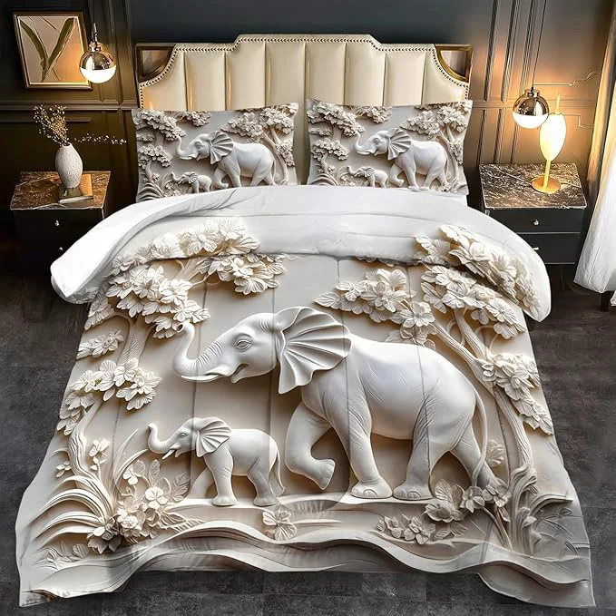 Powerful Elephant Comforter Set Queen Adult White Animal Bedding Set Queen for Man Cute Animal Comforter for Kids Elephant Quilt Pattern White Bedroom Decor Womens Relief Bedding Quality