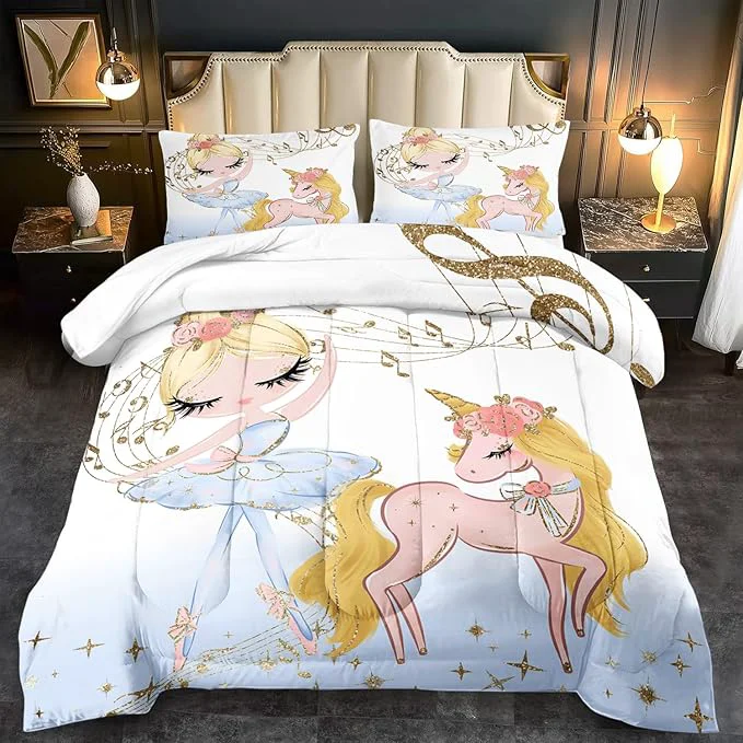 High-Quality Golden Unicorn Girls Comforter Set King Kawaii Unicorn Bedding Set KingCute Horse Comforter Girls Bedroom Decor White Animal Print Bedding Bed Decor Animal Print Quilt Unique