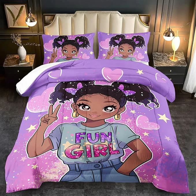 Sustainable African American Black Girl Comforter Set Full Size Cute Black Girl Bedding Set Full for Kids Kawaii Heart Comforter Purple Bedding Decor for Teen Purple Bed Quilt Casual