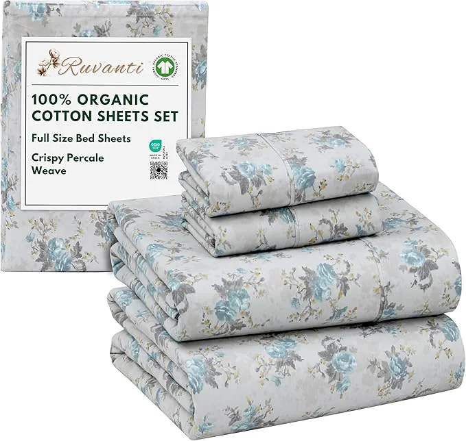 Flexible RUVANTI Organic Cotton Sheets Full Size Percale Weave GOTS 4-Piece Set Deep Pocket 15 quot Crisp amp Breathable Soft Durable Bedding Sábanas Algodón Orgánico – Blue Rose Trendy