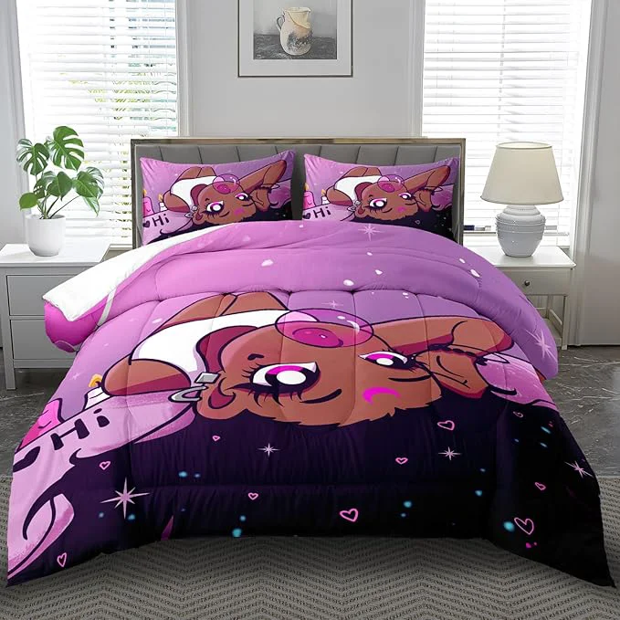 Authentic Black Girl Comforter Set Full Cute Bedding Set College Dorm Girl Cartoon Teen Black and Pink Comforter Full Kawaii Room Decor Cartoon Bedding Quilt Decor Kids Lightweight