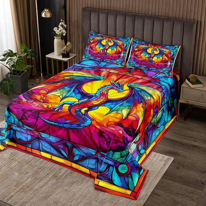 Unique Flying Dragon Kids Bedspread King Size Western Wing Dragon Gothic Halloween Coverlet Set Boys Girls Room Decor Geometric Abstract Modern Quilted Coverlet Rainbow Retro Bedding Quilt 2 Pillowcases Detailed