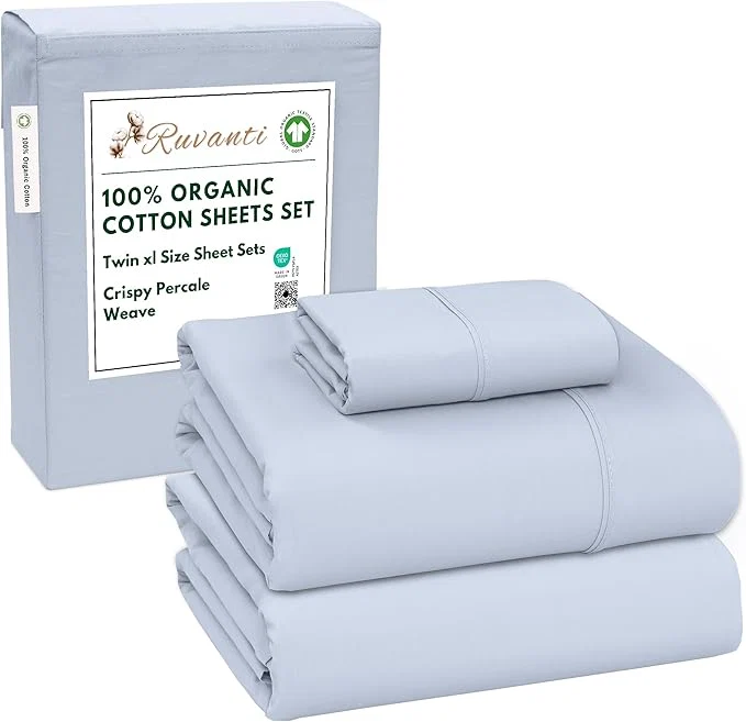 Unique RUVANTI Organic Cotton Sheets Twin XL Percale Weave GOTS 3-Piece Set Deep Pocket 15 quot Crisp amp Breathable Soft Durable Bedding Sábanas Algodón Orgánico – Arctic Ice