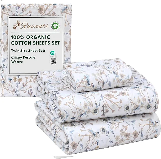 Contemporary RUVANTI Organic Cotton Sheets Twin Size Percale Weave GOTS 3-Piece Set Deep Pocket 15 quot Crisp amp Breathable Soft Durable Bedding Sábanas Algodón Orgánico – Tranquil Fast