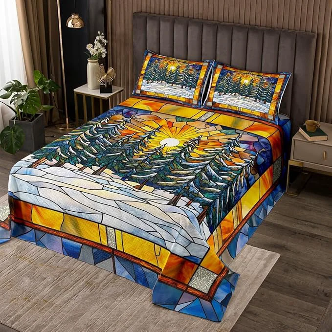 Eco-Friendly Pine Tree Kid Bedspread Queen Size Merry Christmas Tree Sunrise Rustic Farmhouse Coverlet Set Boys Girls Room Decor Geometric Plaid Patchwork Quilted Coverlet Blue Xmas Bedding Quilt 2 Pillowcases Functional